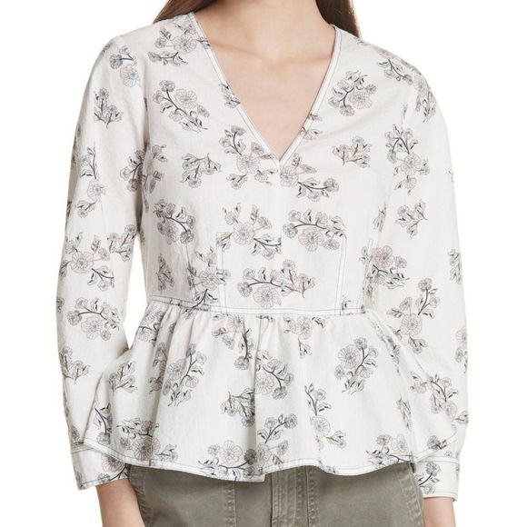 La Vie Rebecca Taylor Camille White Floral Print V-Neck Peplum Top Size S - Picture 1 of 6